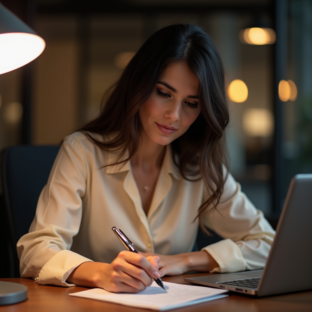 Professional writing notes in a modern office, focused and thoughtful