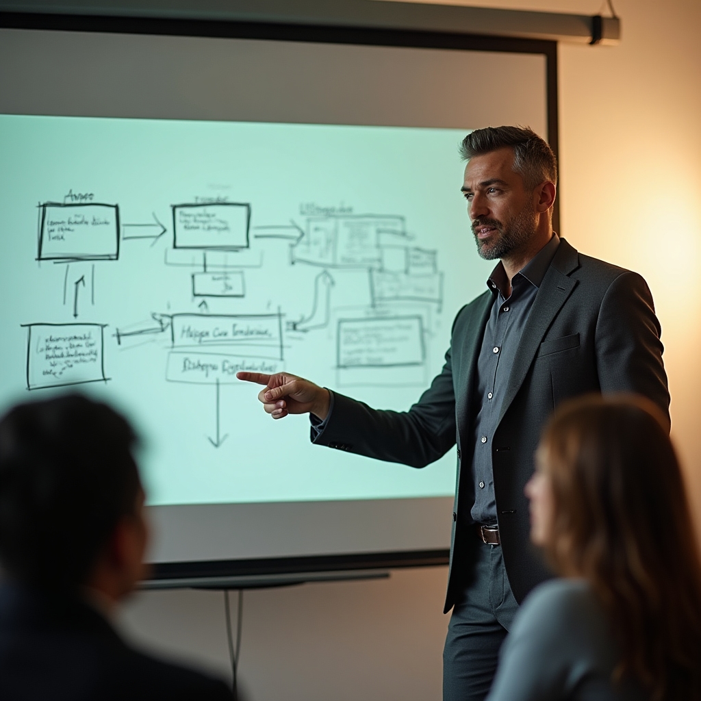 Instructor presenting a communication framework on a whiteboard to a small group
