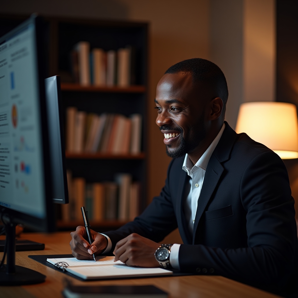 Professional participating in a live online webinar session, taking notes with focused attention